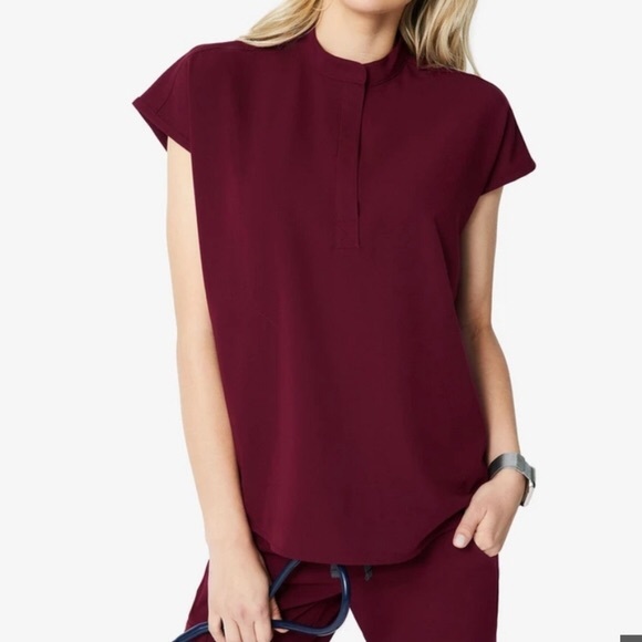 Figs Tops - Figs Burgundy Mandarin Collar Scrub Top